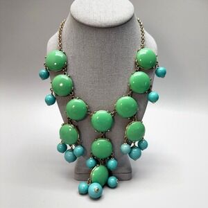 J Crew Chunky Long Bib Necklace 23" Adjustable Green Blue Acrylic Circle Beads